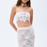 Laser Cut Chiffon Frill Detailed White Guipure Maxi Skirt