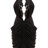 Draped Mini Dress with Gold Ivory Accessory and Black Sequin Details