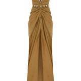 Heart Shaped Strapless Maxi Dress with High Slit and Gold Accessory Details