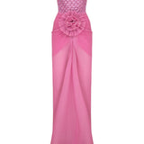 Pink Strapless Maxi Dress With Embroidery And Flower Details