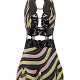 Amazonica Chiffon Wavy Striped Mini Dress with Black Sequin Details