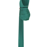 Green Buzzy Halter Neck Mini Dress with Tail and Gold Accessory Details