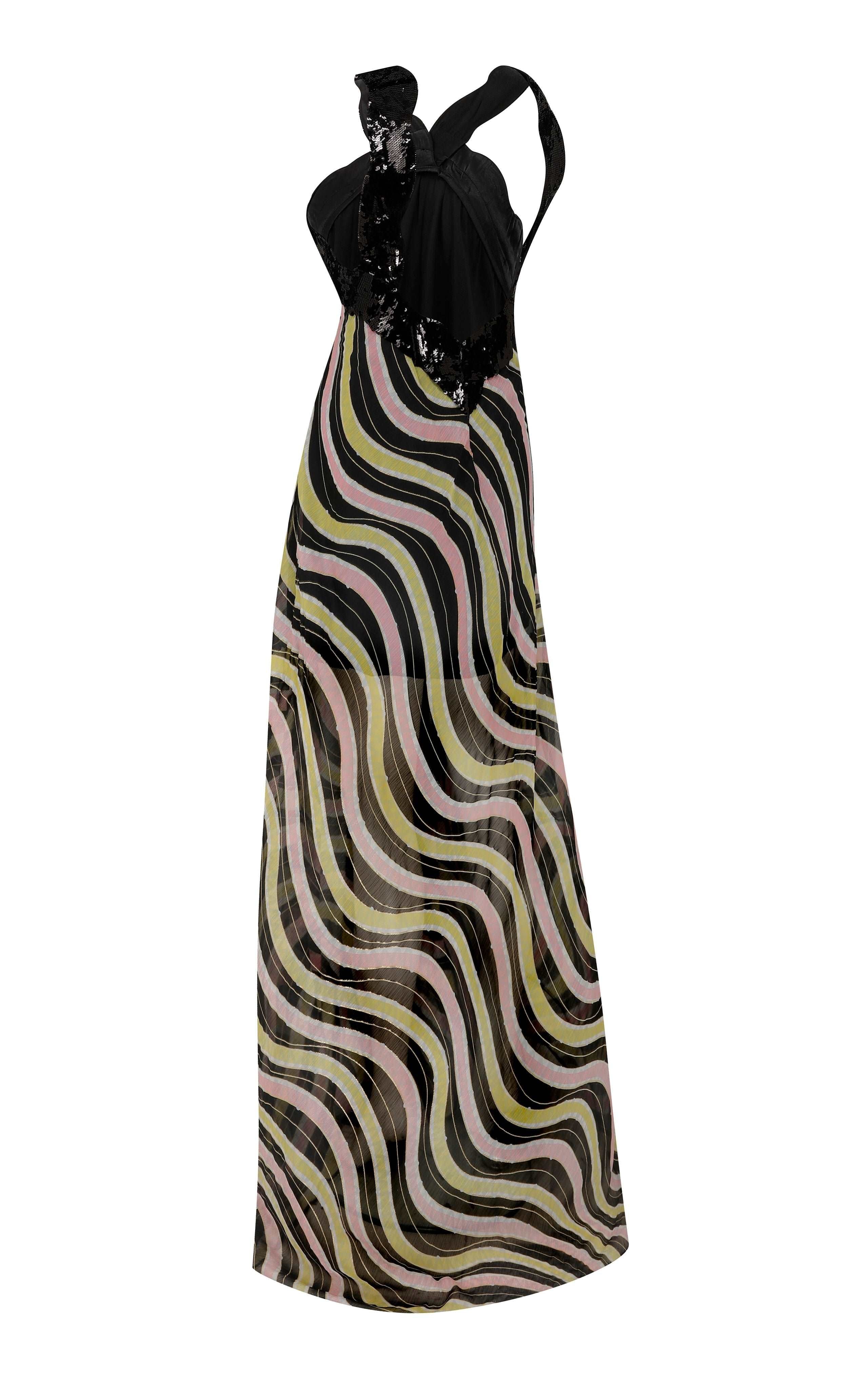 Amazonica Chiffon Wavy Striped Maxi Dress with Black Sequin Details