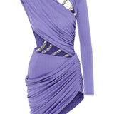 Violet Buzzy One Sleeve Mini Dress with Gold Rolled Accessory Details