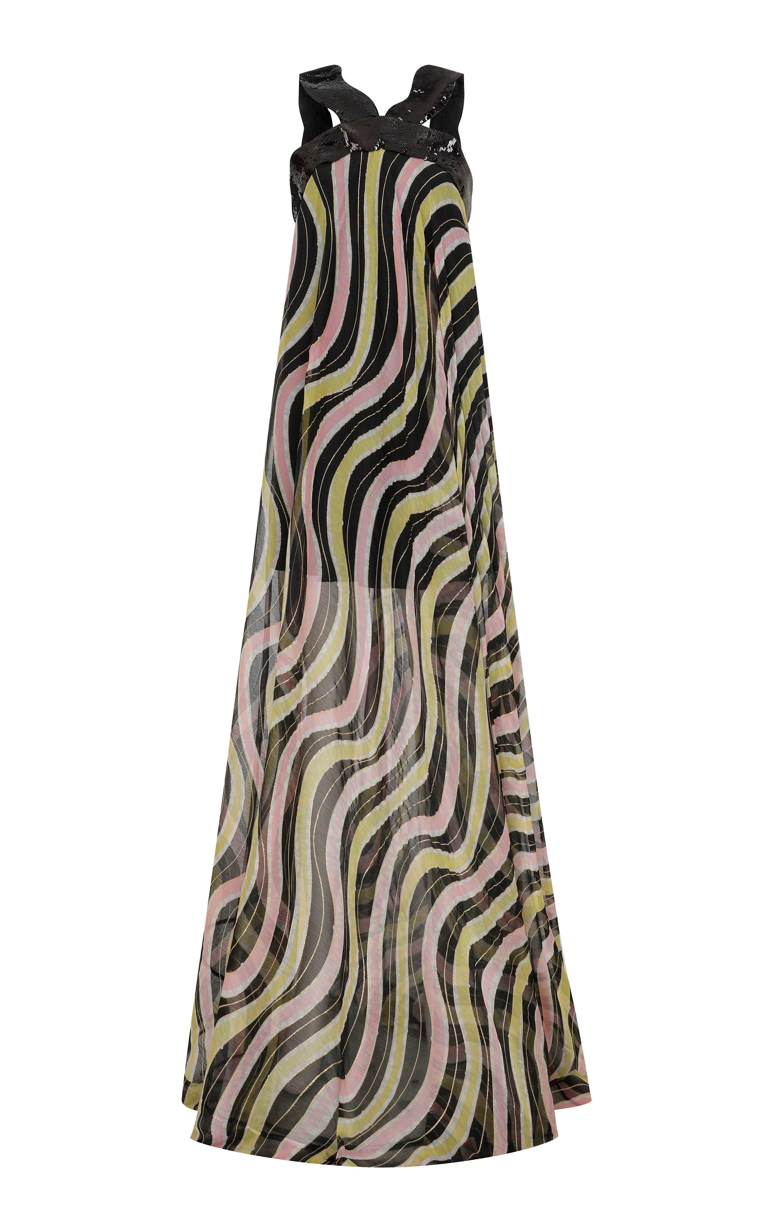 Amazonica Chiffon Wavy Striped Maxi Dress with Black Sequin Details