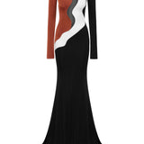 African Color Blocked Maxi Dress with Transparent Decolette Detail
