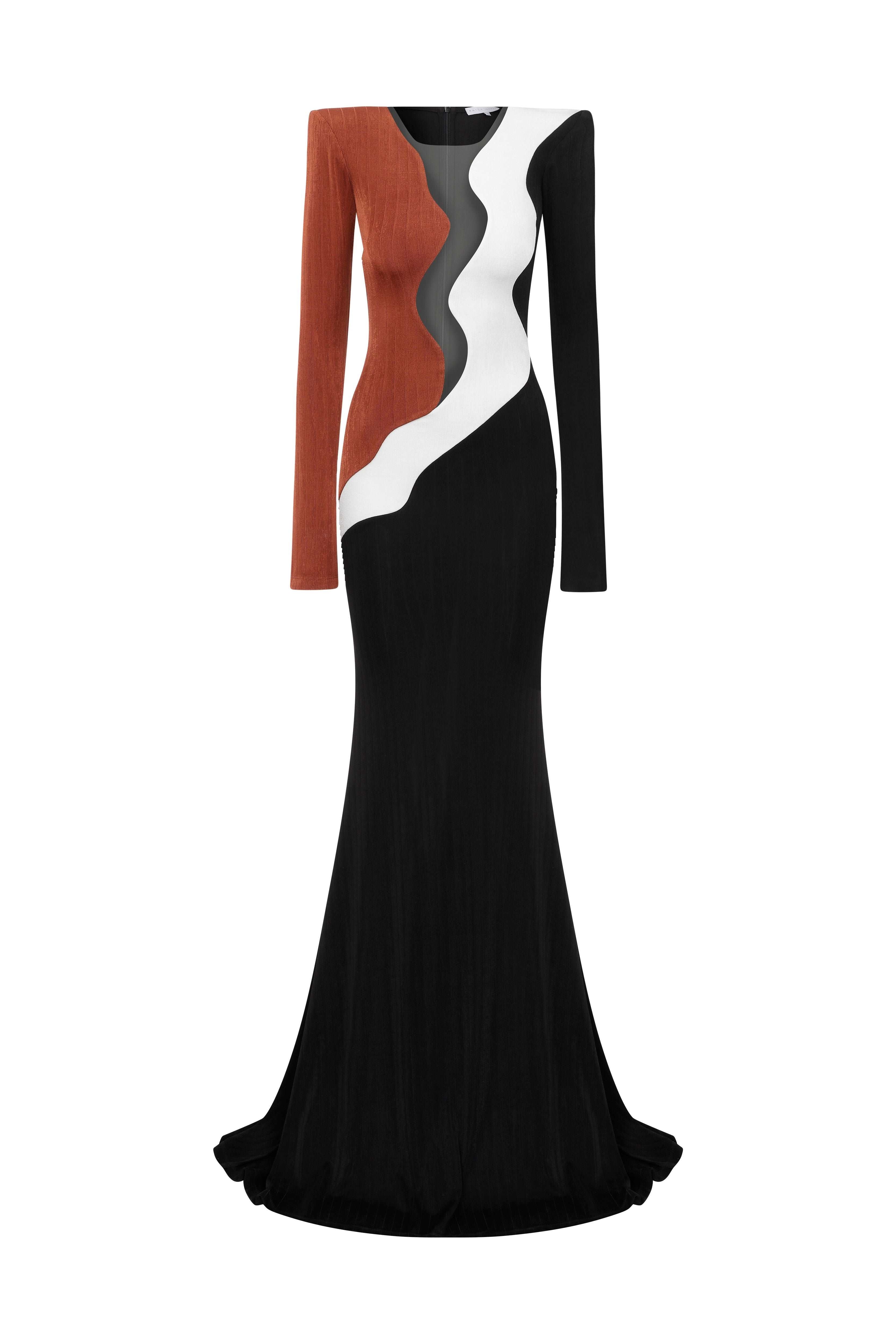 African Color Blocked Maxi Dress with Transparent Decolette Detail