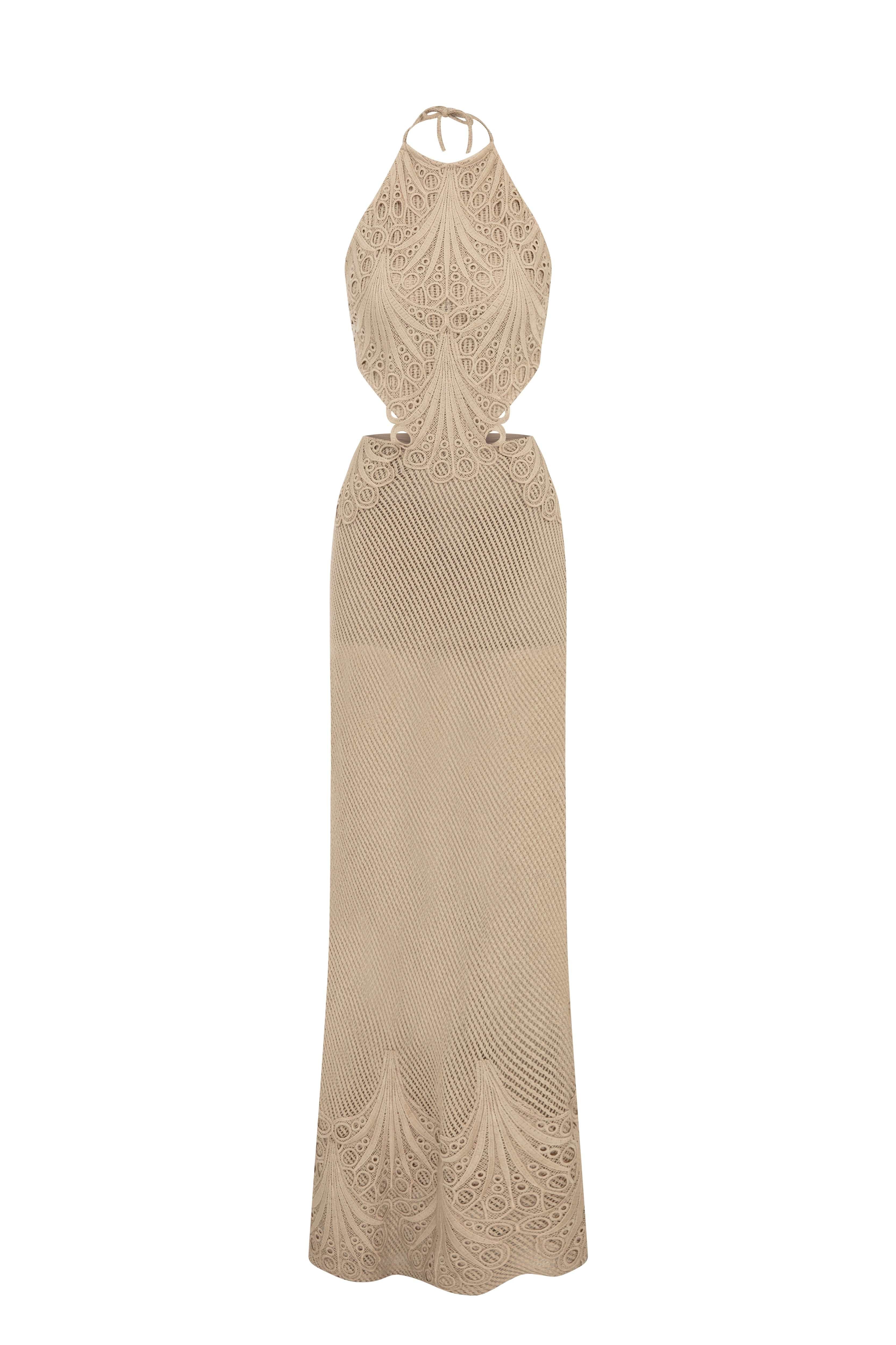 Beige Crochet Halter Neck Midi Dress with Cutout Lace Details