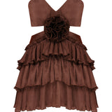 Brown Strapless Ruffled Mini Dress with Cutout and Flower Details