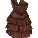 Brown Strapless Ruffled Mini Dress with Cutout and Flower Details
