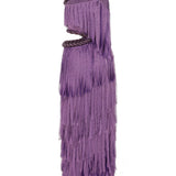 One Shoulder Lazer Cut Fringe Maxi Dress with Cutout Detail