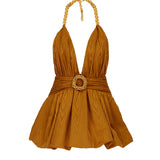 V-Neck Faille Mini Dress with Gold Chain