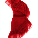 One Shoulder Ruffled Tulle Mini Dress