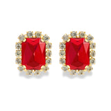 Gold Metal Earrings with Red Stones and Crystal Halo