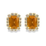 Gold Metal Earrings with Amber Stones and Crystal Halo