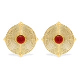 Gold Metal Round Earrings with Red Stones
