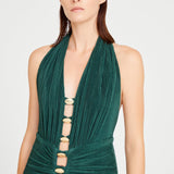 Halter Neck Ruffled Maxi Dress With Gold Accessory Detail