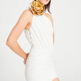 White One Shouldered Mini Dress With Drape And Rose Details