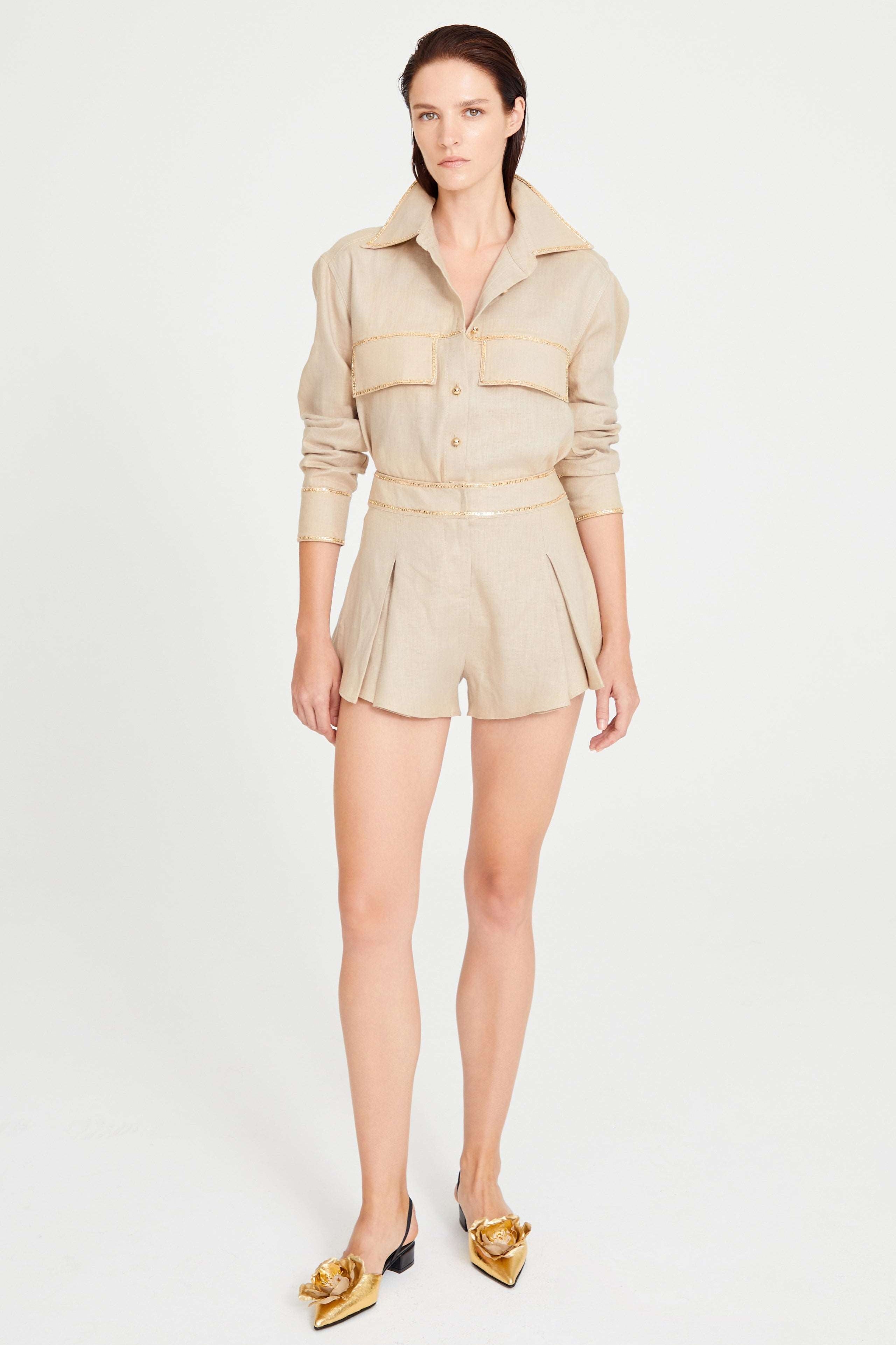 Beige Linen Shorts With Pleat And Gold Chain Details Without Chain