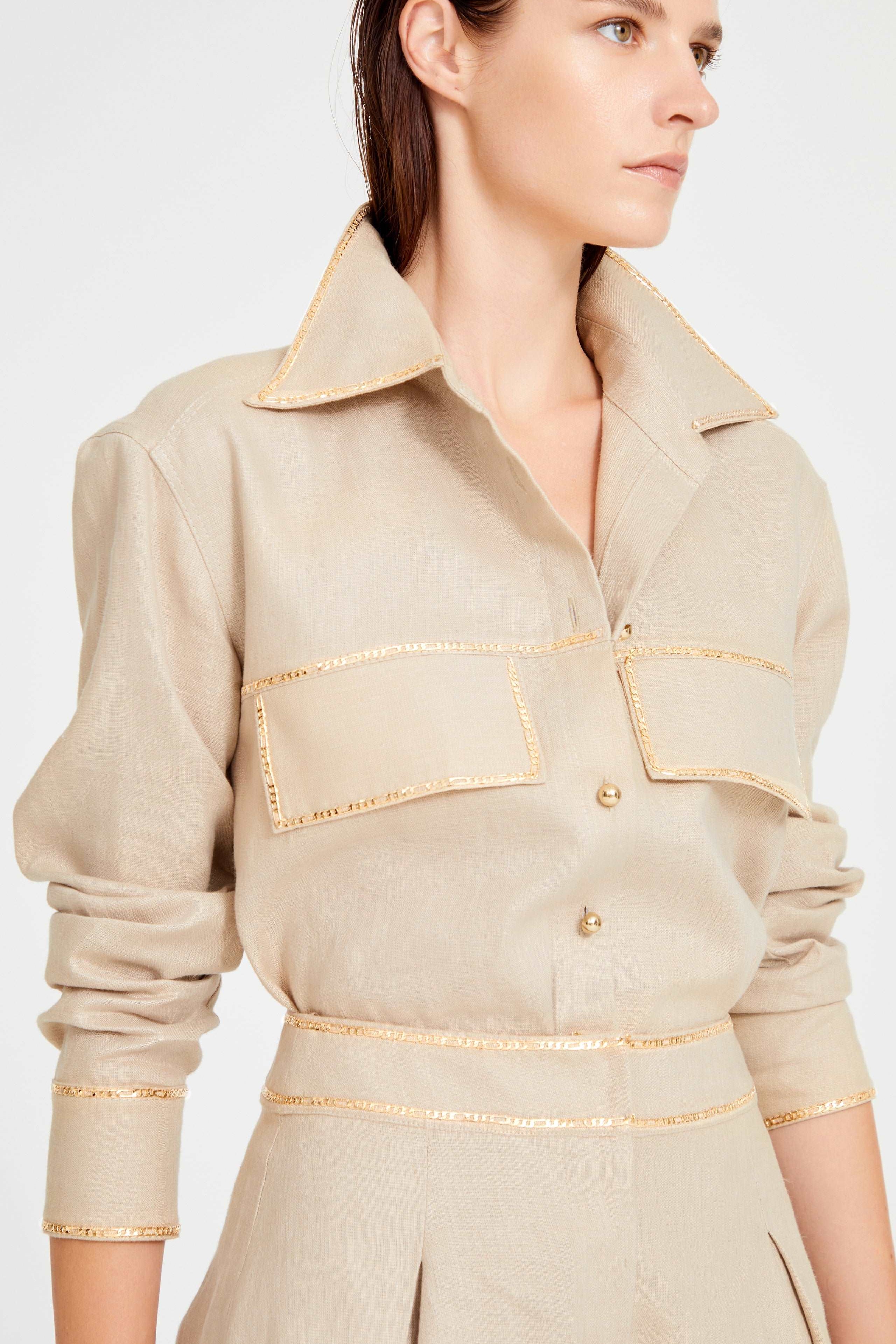 Beige Linen Shirt With Gold Chain And Button Details