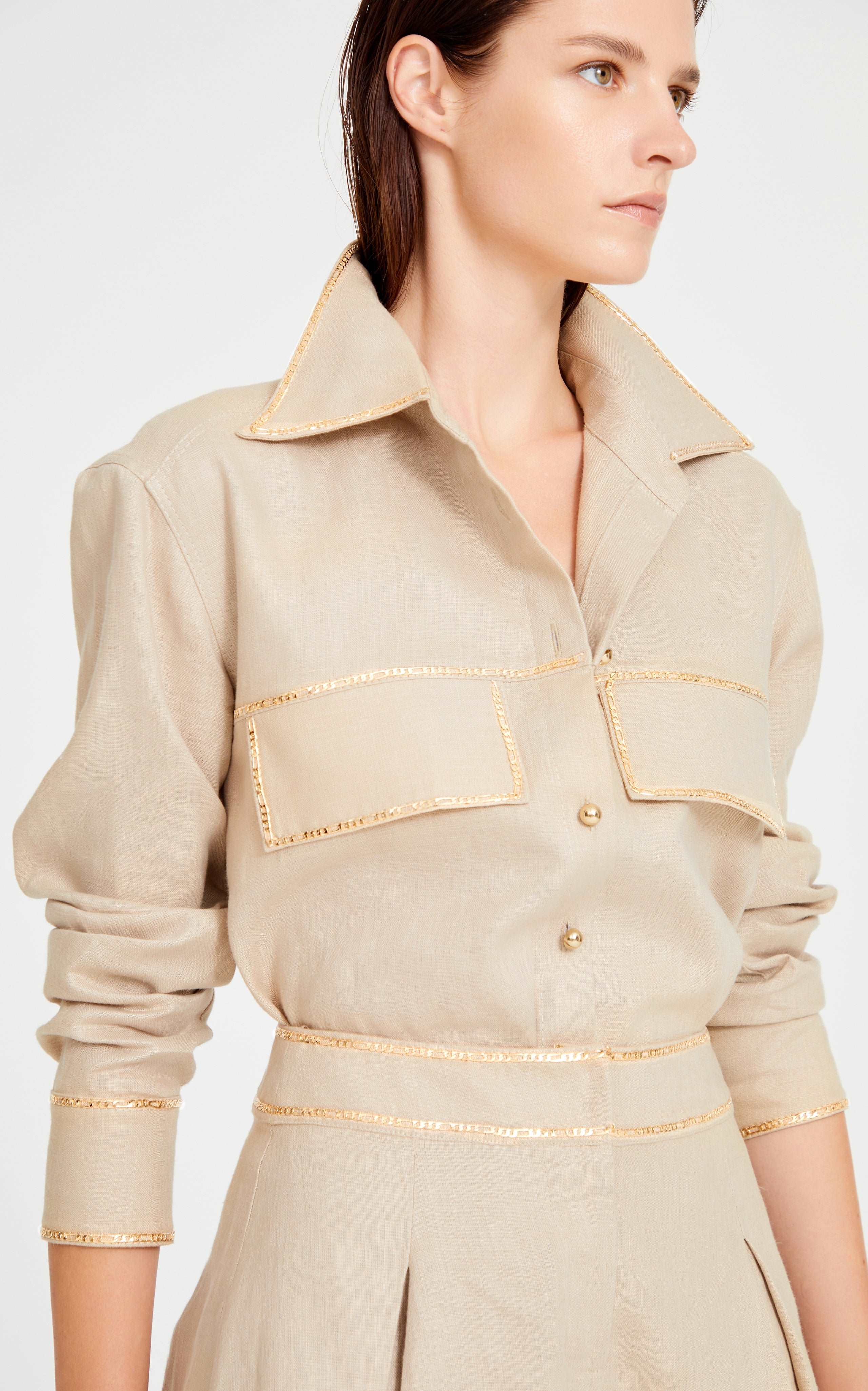 Beige Linen Shirt Without Gold Chain And Button Details