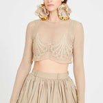 Beige Long Sleeve Crochet Crop Top with Lace Details