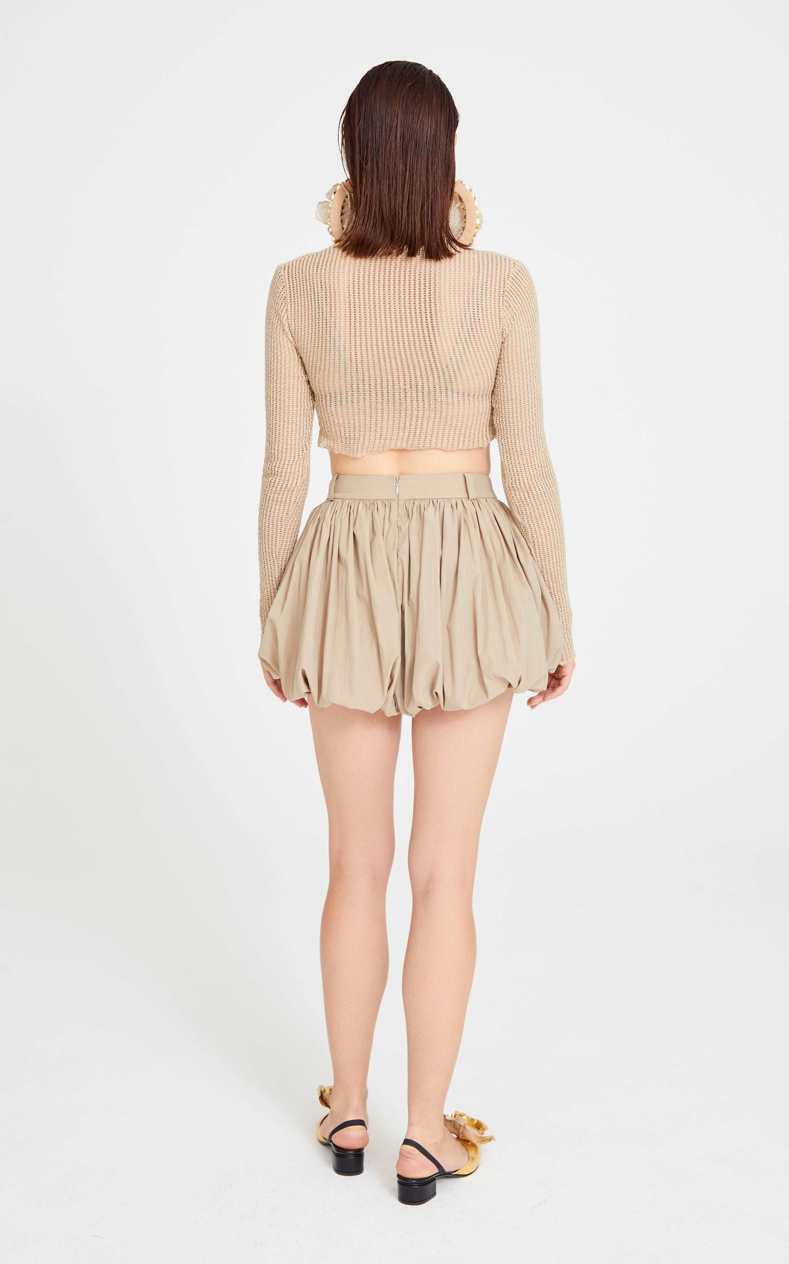 Beige Long Sleeve Crochet Crop Top with Lace Details