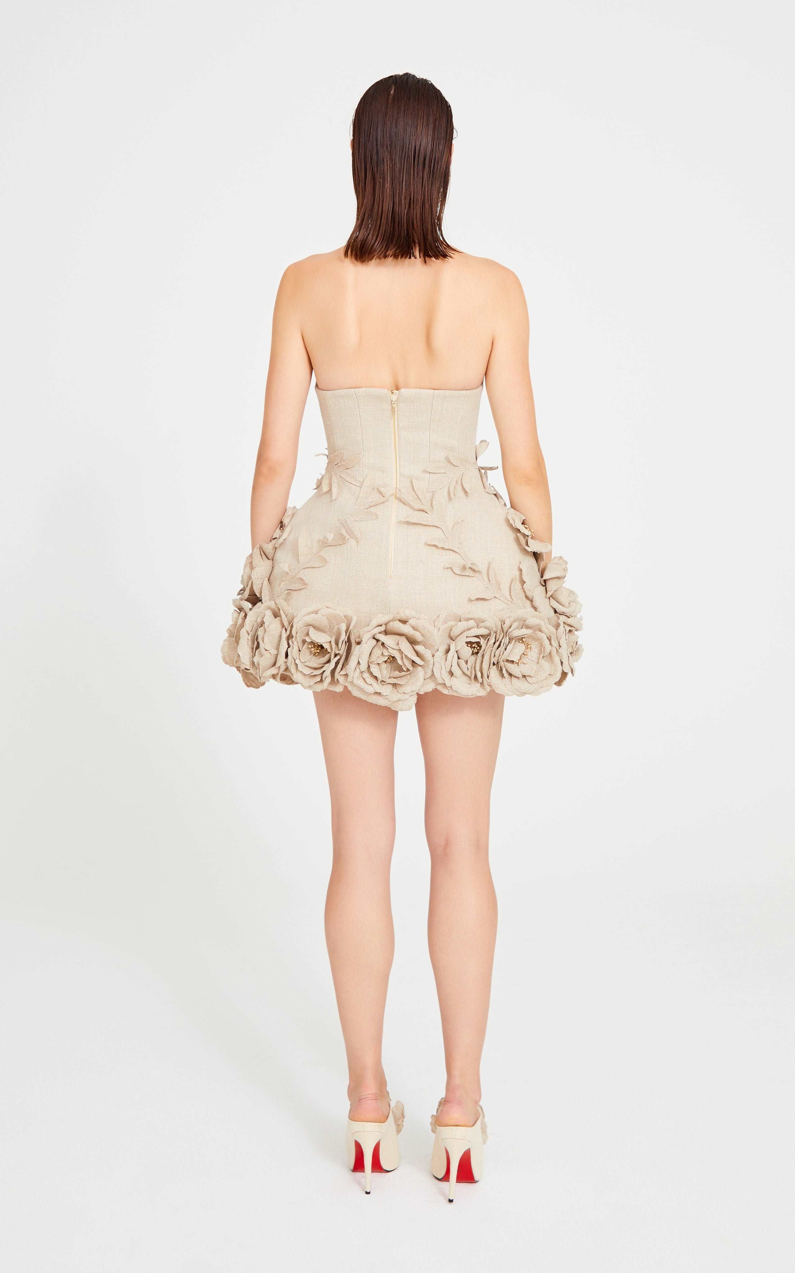 Beige Linen Mini Dress with Corset and Flower Details