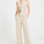 Beige Linen Halter Neck Top With Open Front Detail