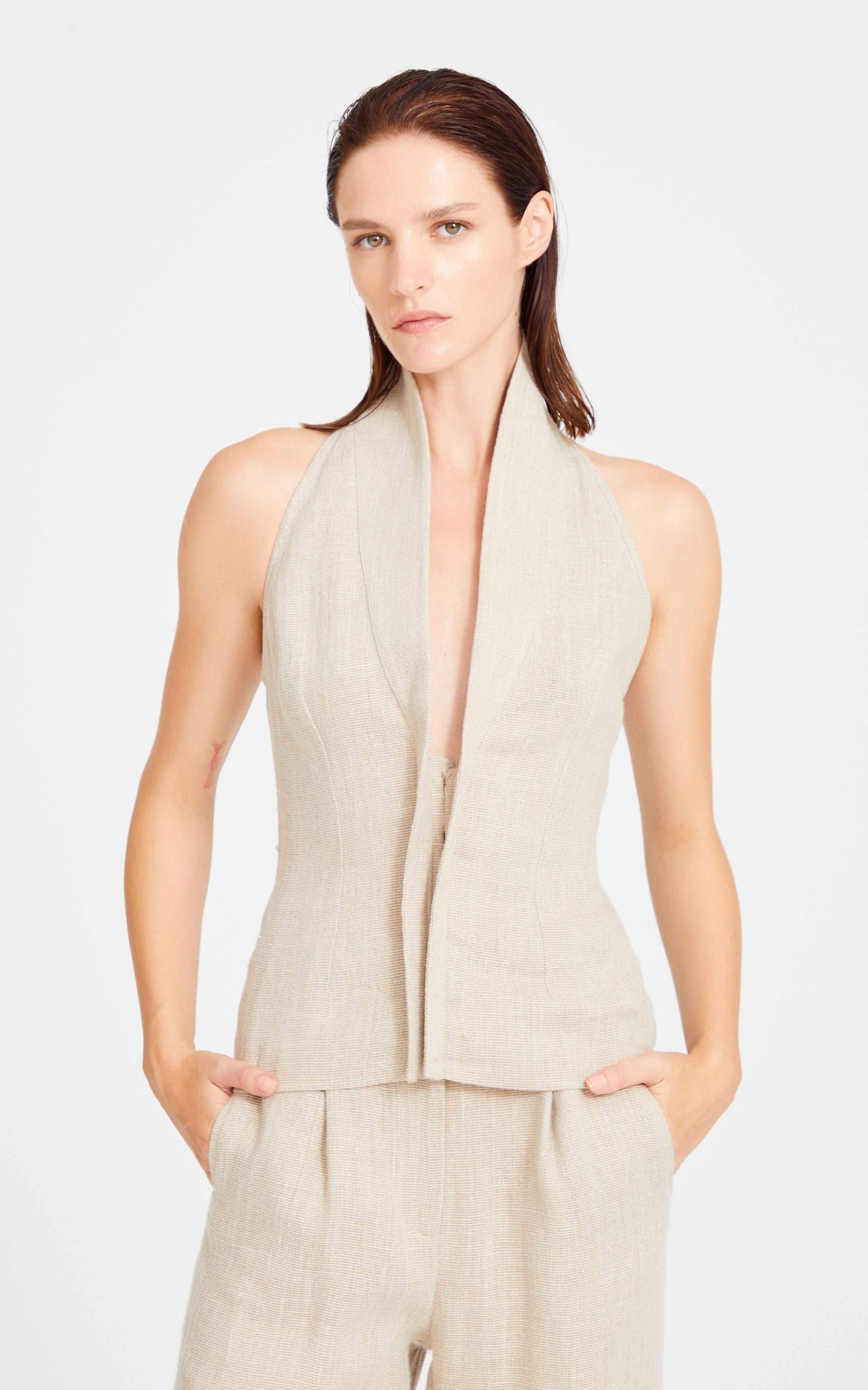 Beige Linen Halter Neck Top With Open Front Detail