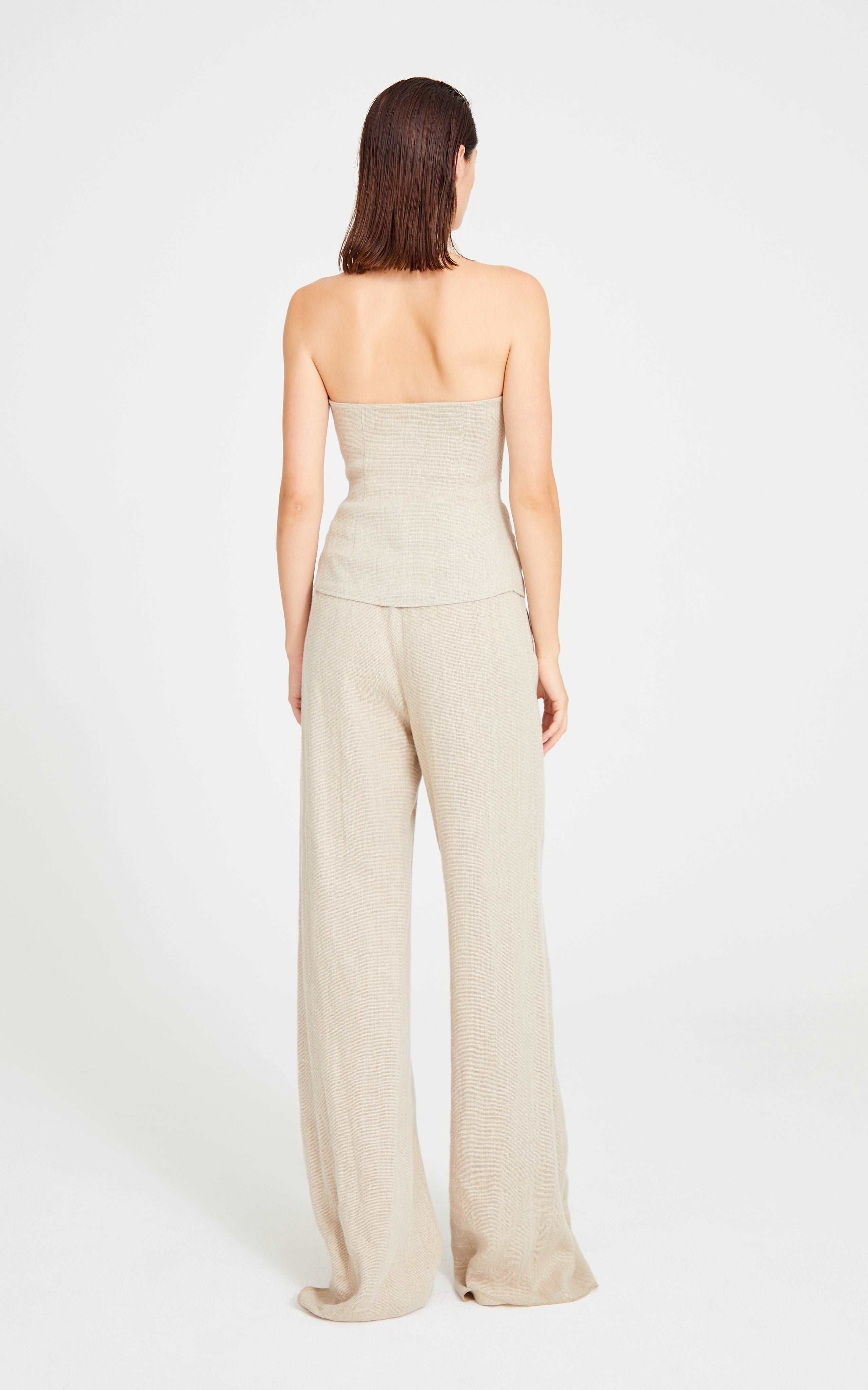 Beige Linen Halter Neck Top With Open Front Detail