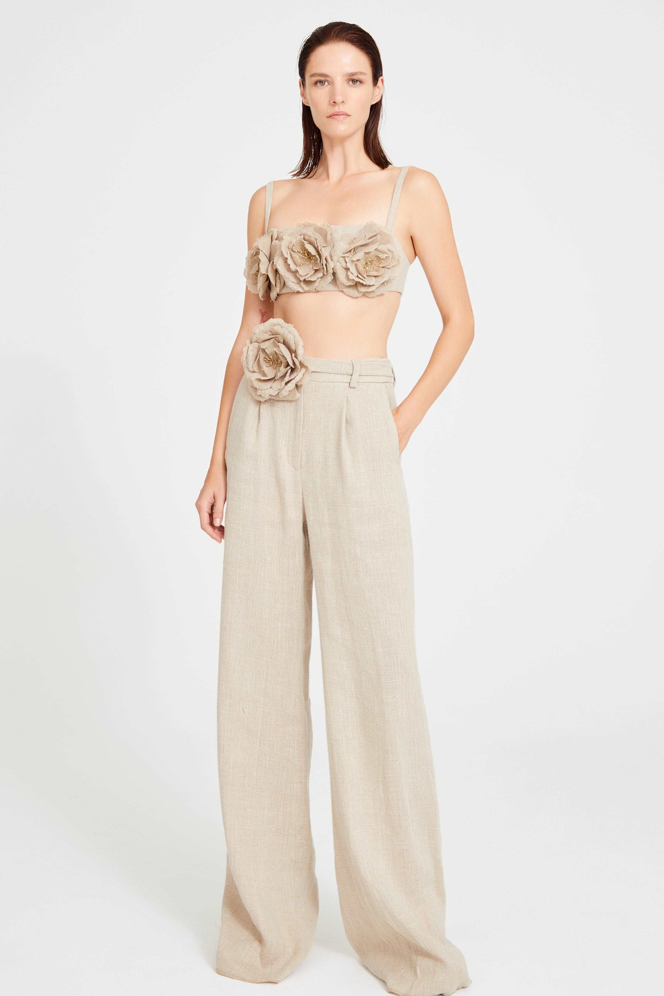 Beige Linen Pleated Pants