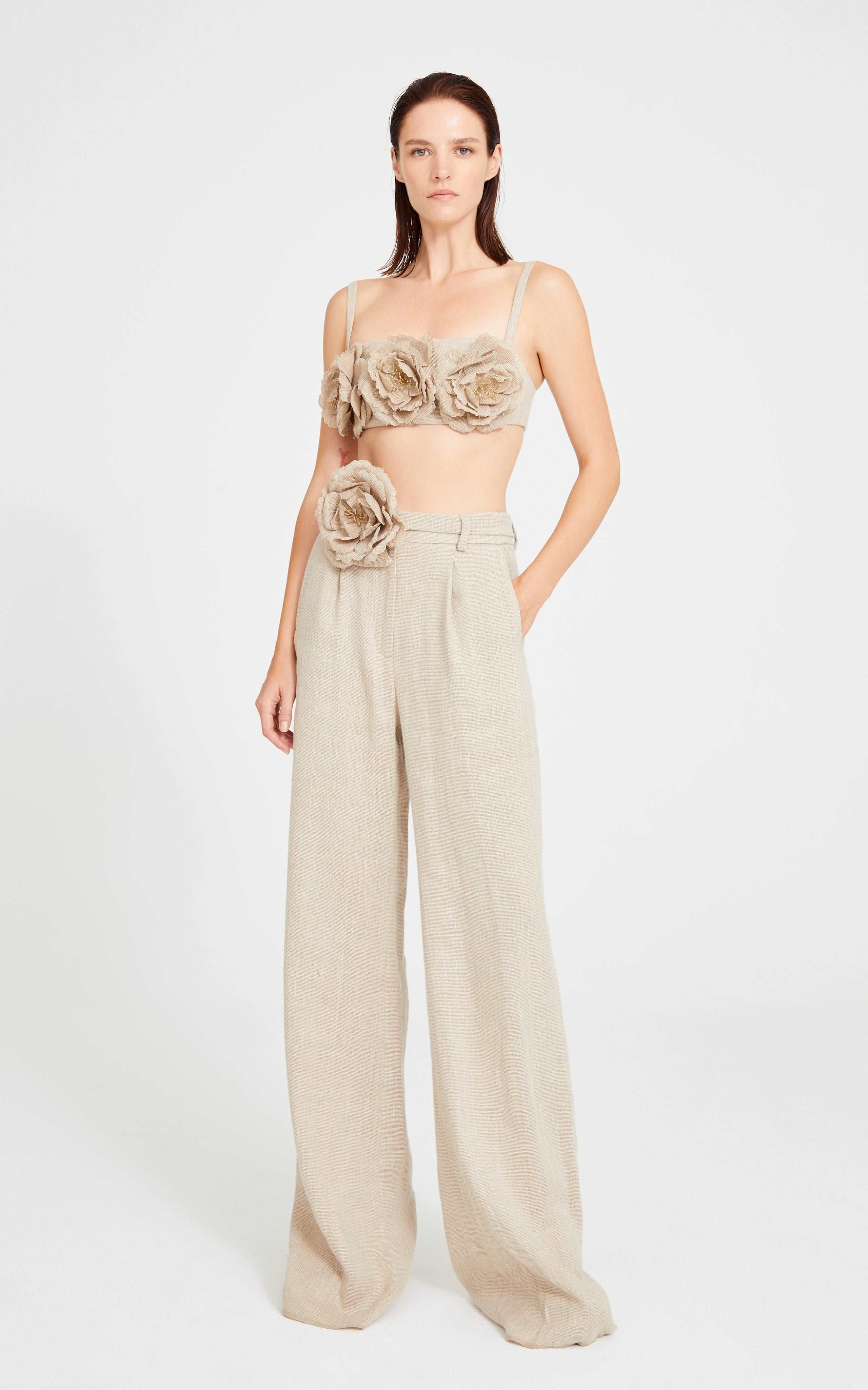 Beige Linen Bustier Top With Flower Details