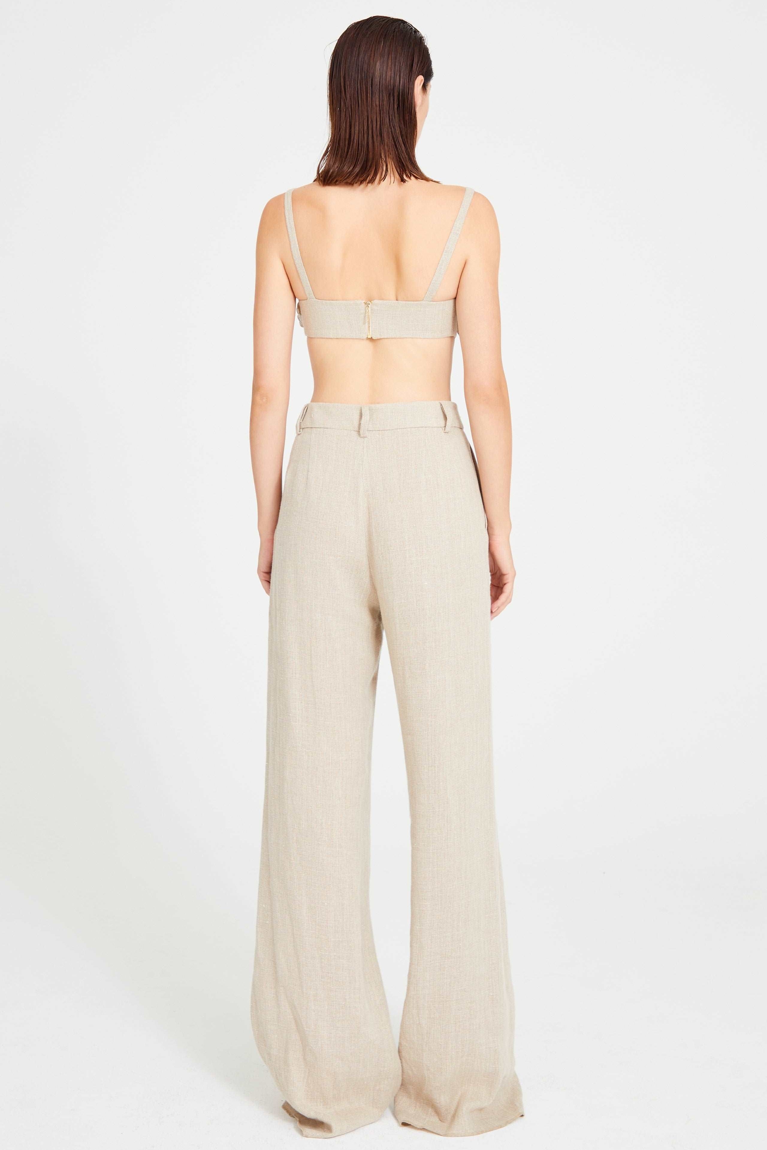 Beige Linen Pleated Pants