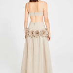 Beige Linen Maxi Skirt With Flower Details