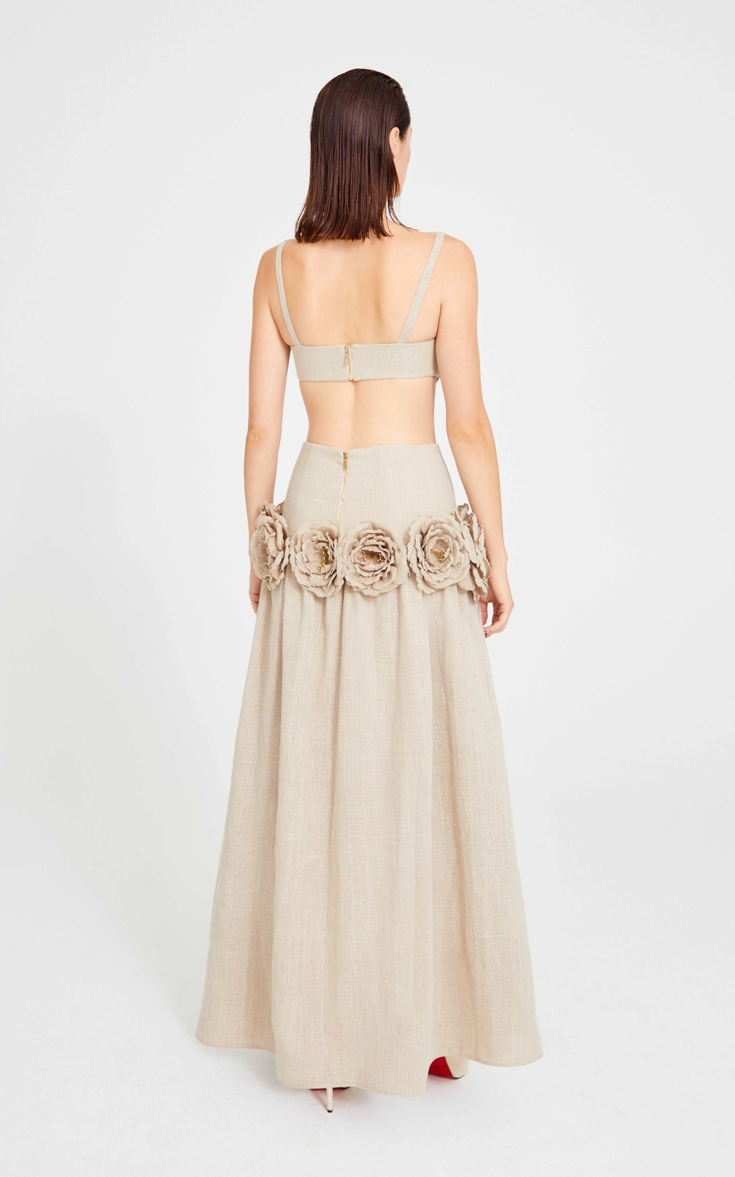 Beige Linen Maxi Skirt With Flower Details