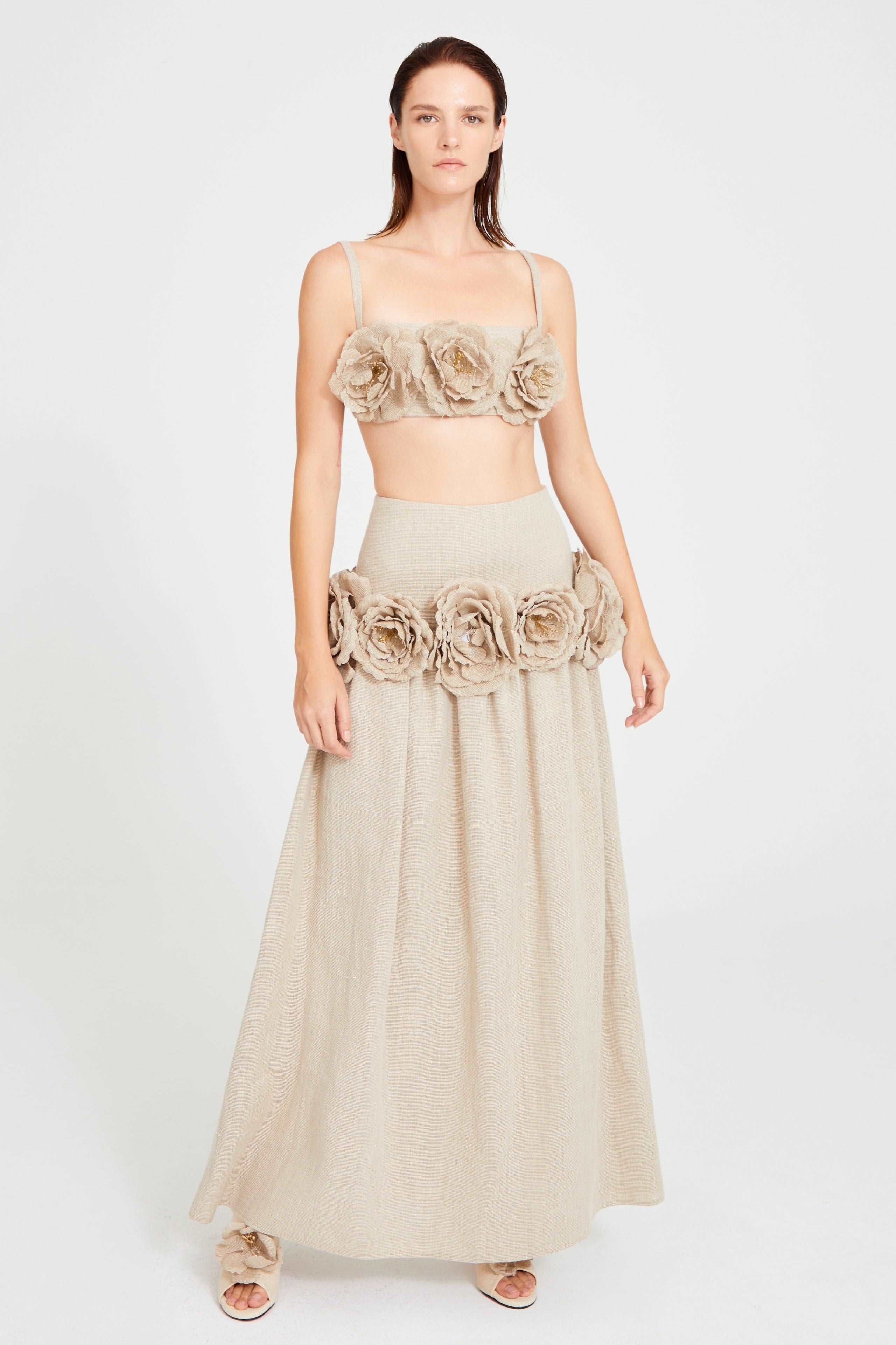 Beige Linen Maxi Skirt With Flower Details