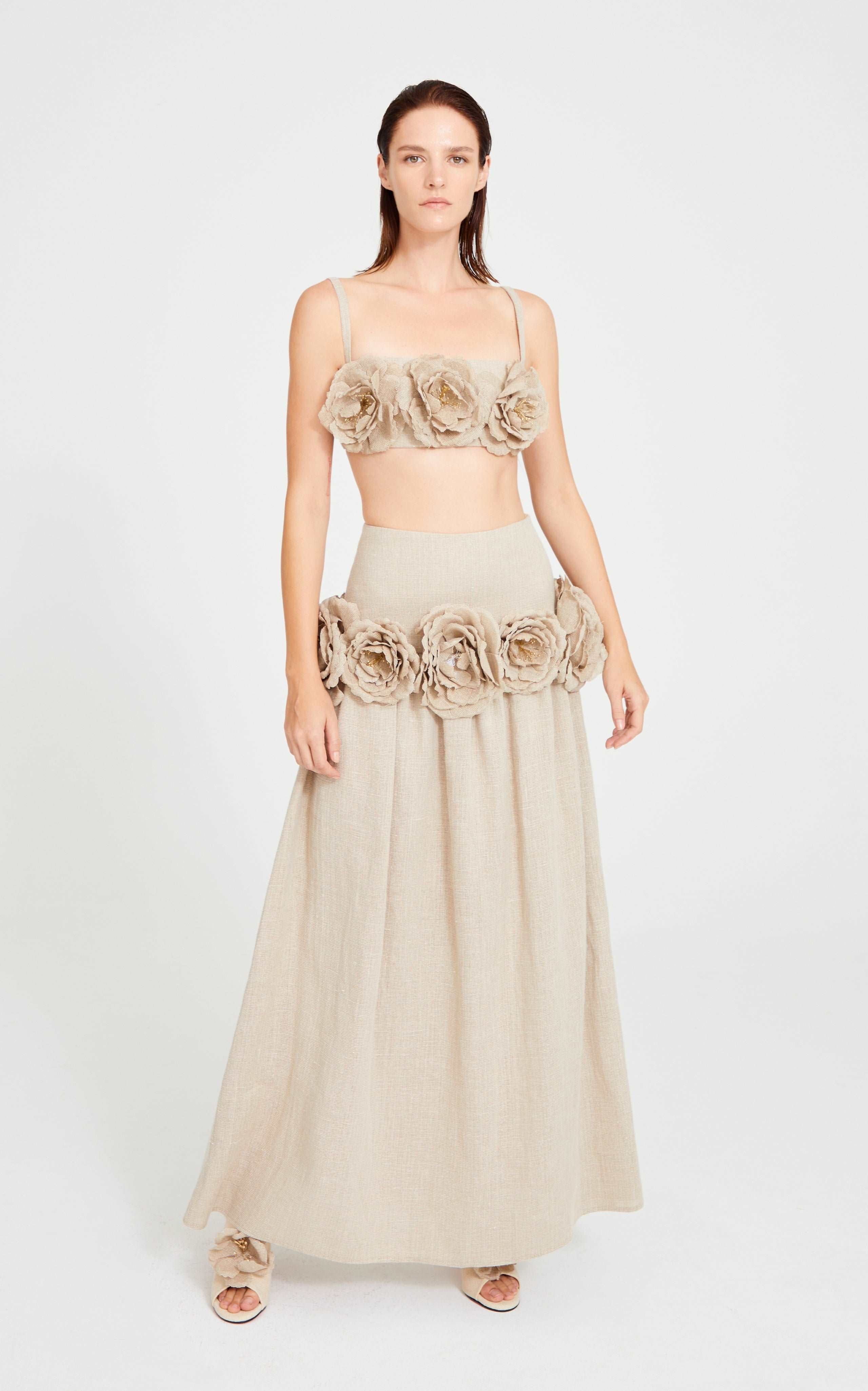 Beige Linen Maxi Skirt With Flower Details