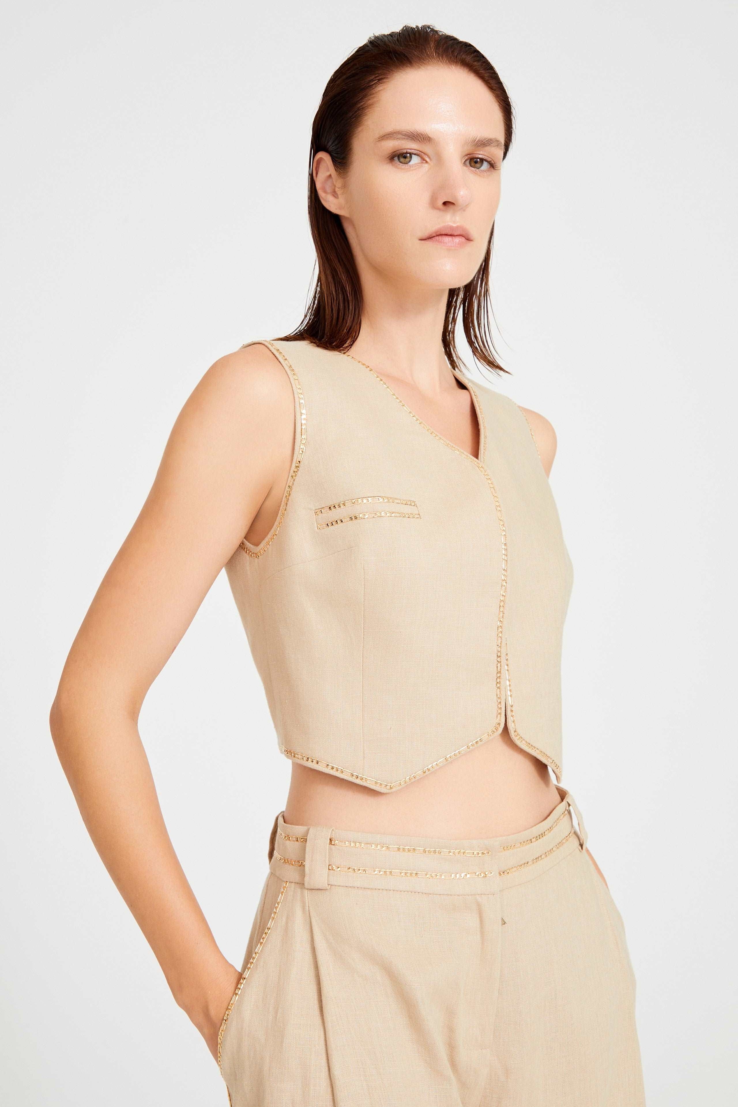 Beige Linen Vest With Gold Chain Details