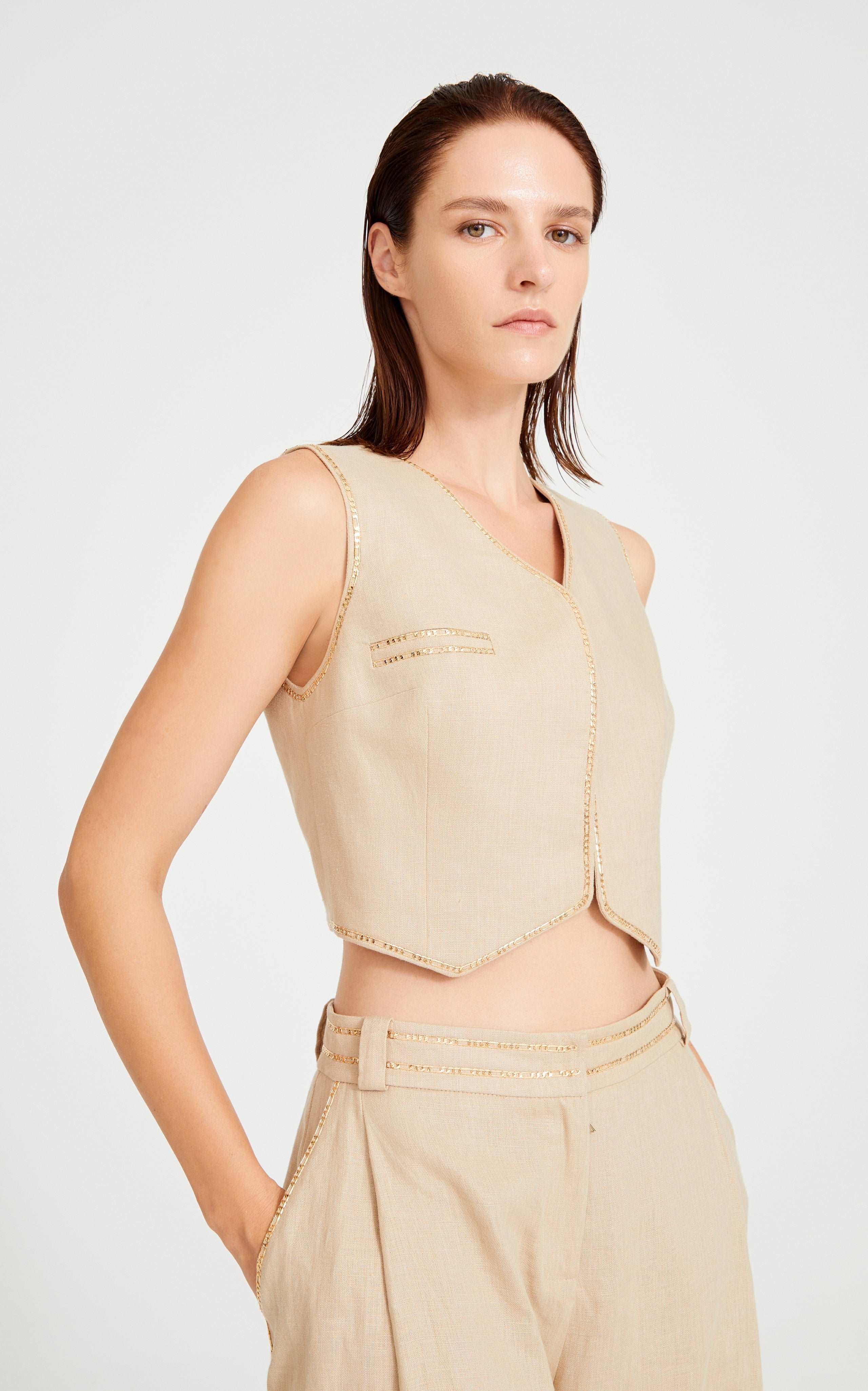 Beige Linen Pleated Pants With Gold Chain Details