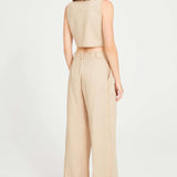 Beige Linen Pleated Pants With Gold Chain Details