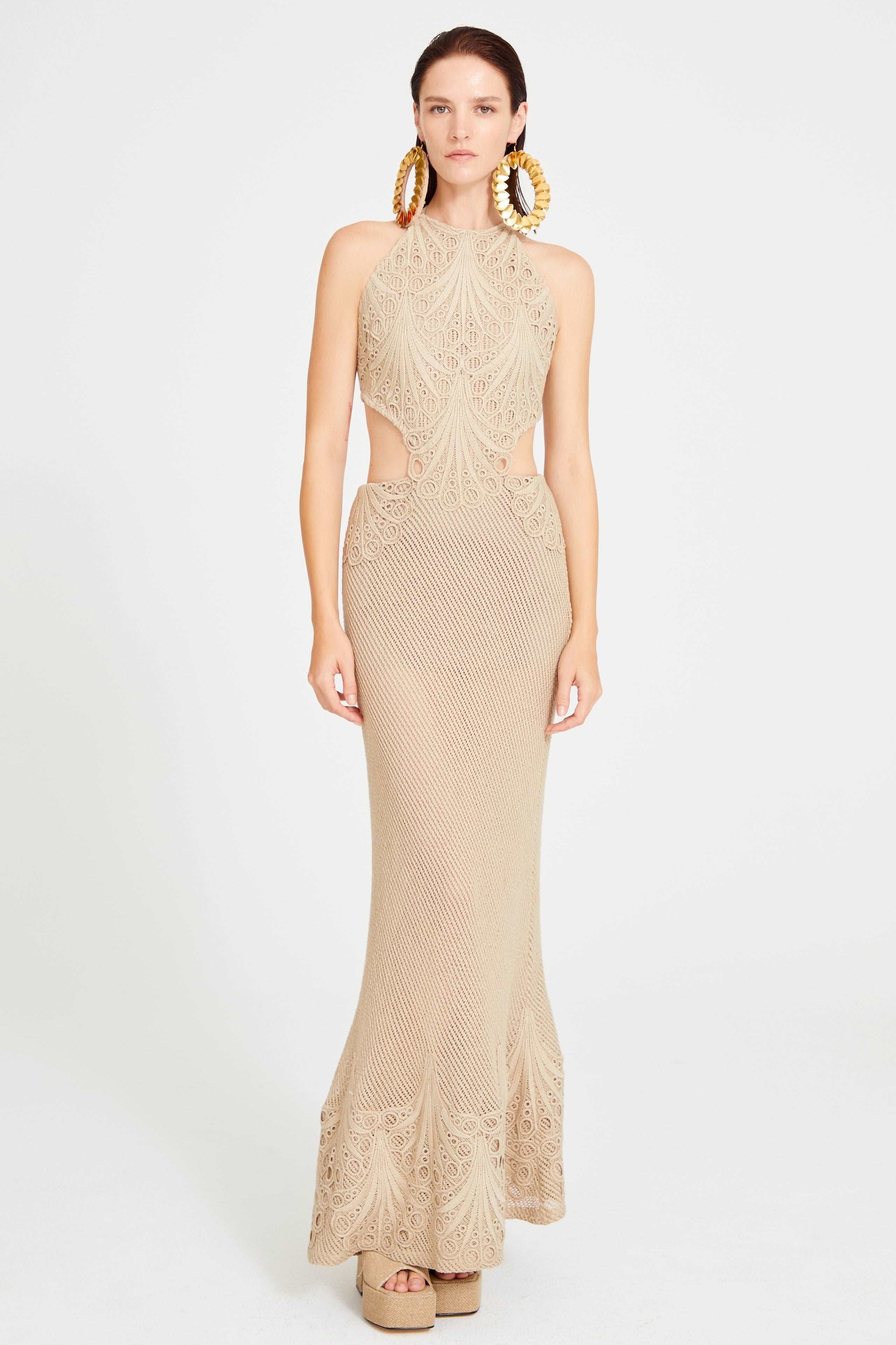 Beige Crochet Halter Neck Midi Dress with Cutout Lace Details