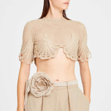 Beige Crochet Crop Top With Lace Details