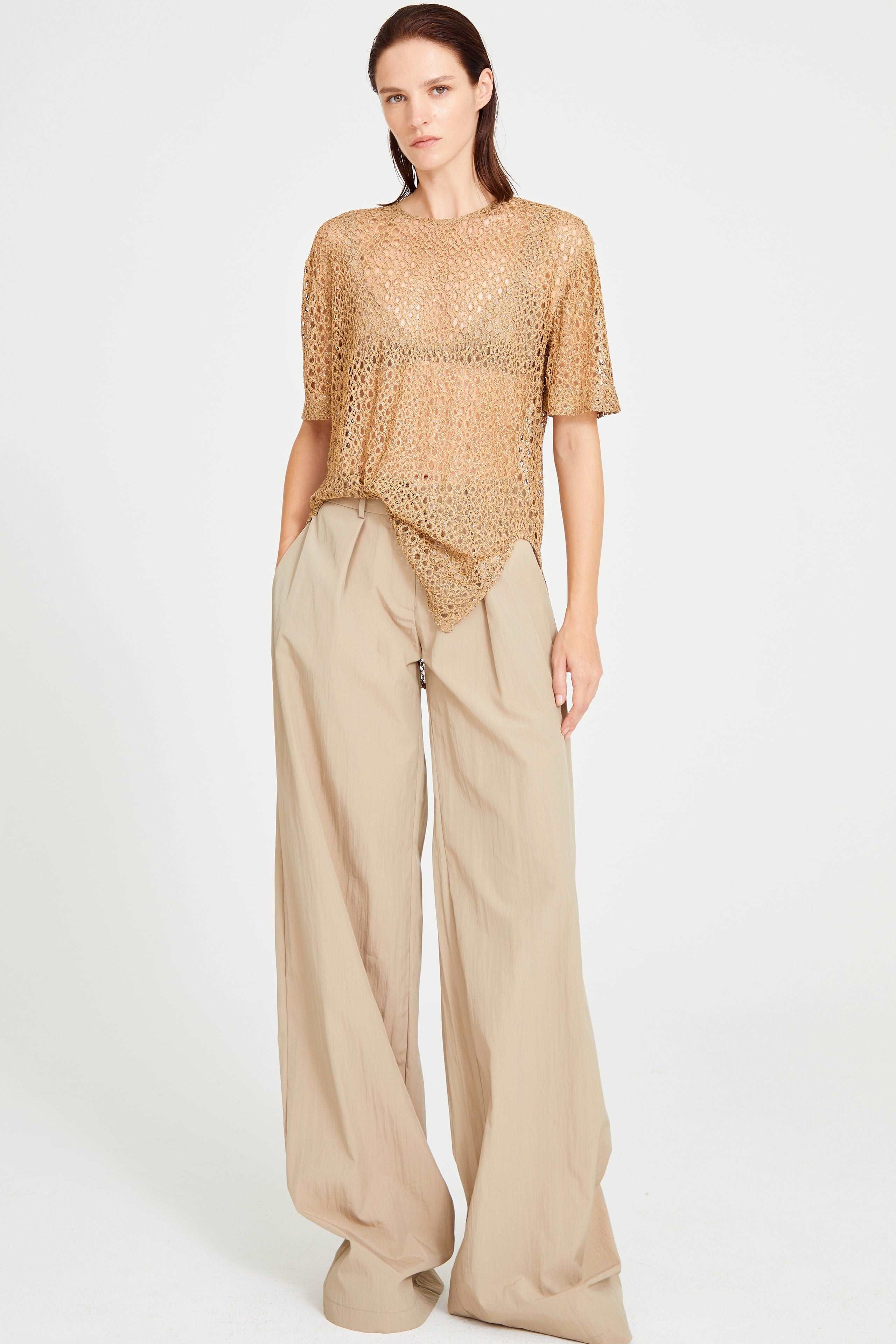 Beige Lace Crochet Top With Embroidery Details