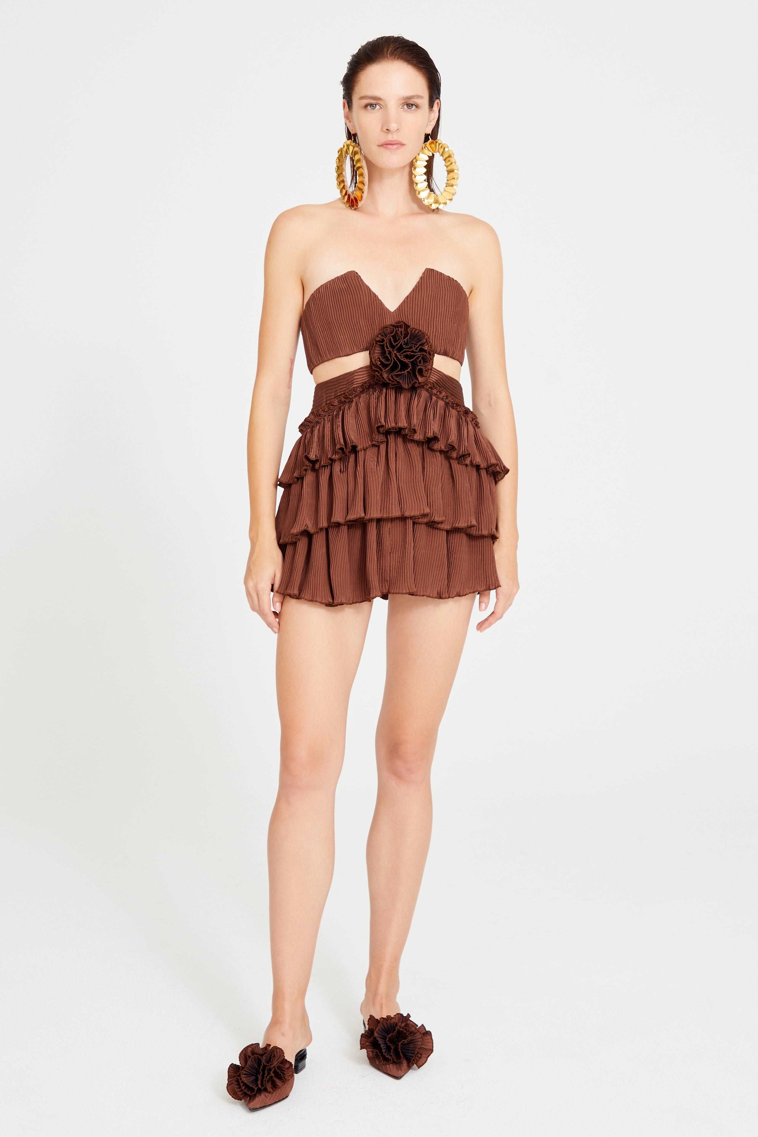 Brown Strapless Ruffled Mini Dress with Cutout and Flower Details