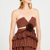 Brown Strapless Ruffled Mini Dress with Cutout and Flower Details