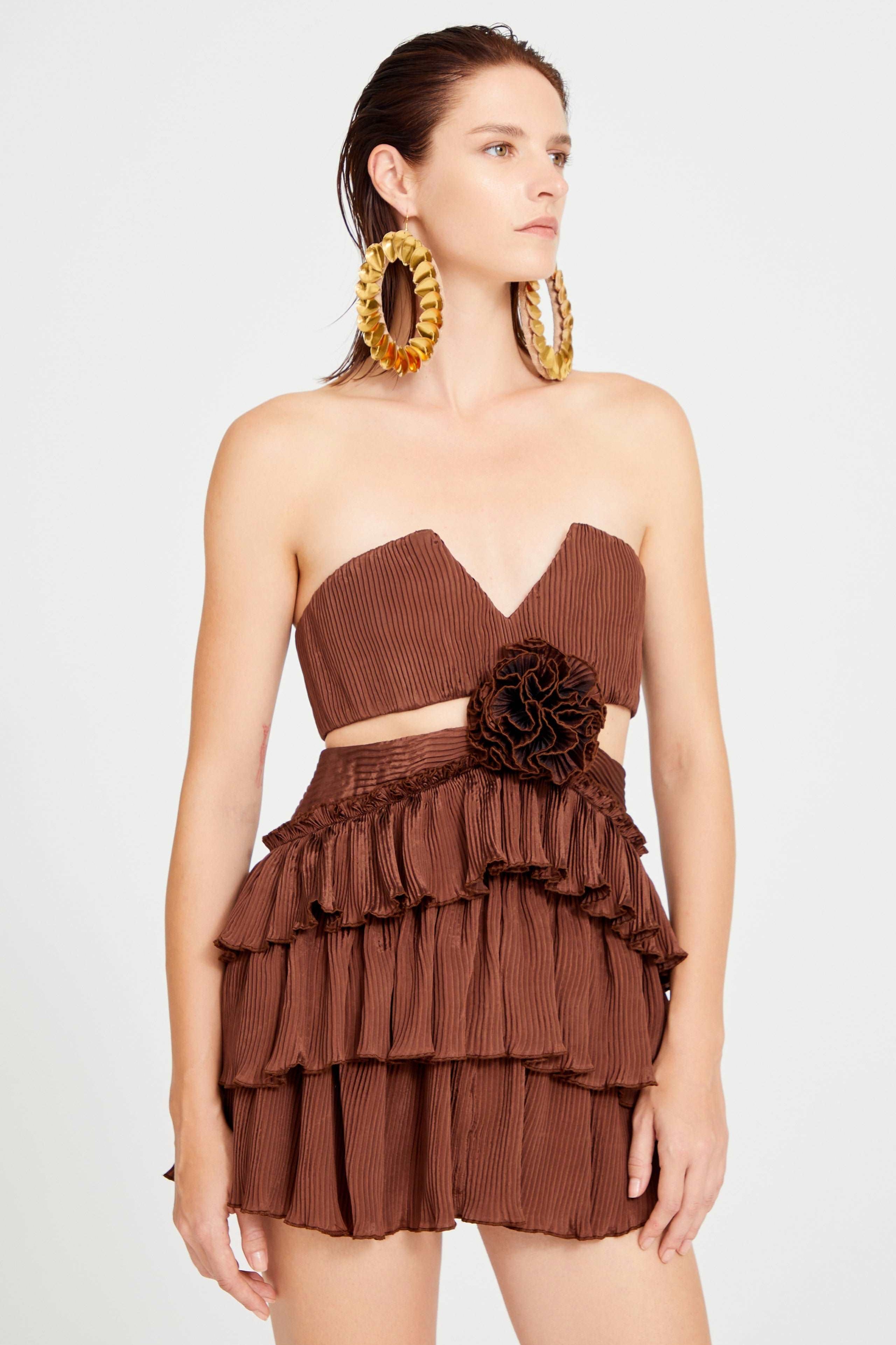 Brown Strapless Ruffled Mini Dress with Cutout and Flower Details
