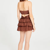 Brown Strapless Ruffled Mini Dress with Cutout and Flower Details