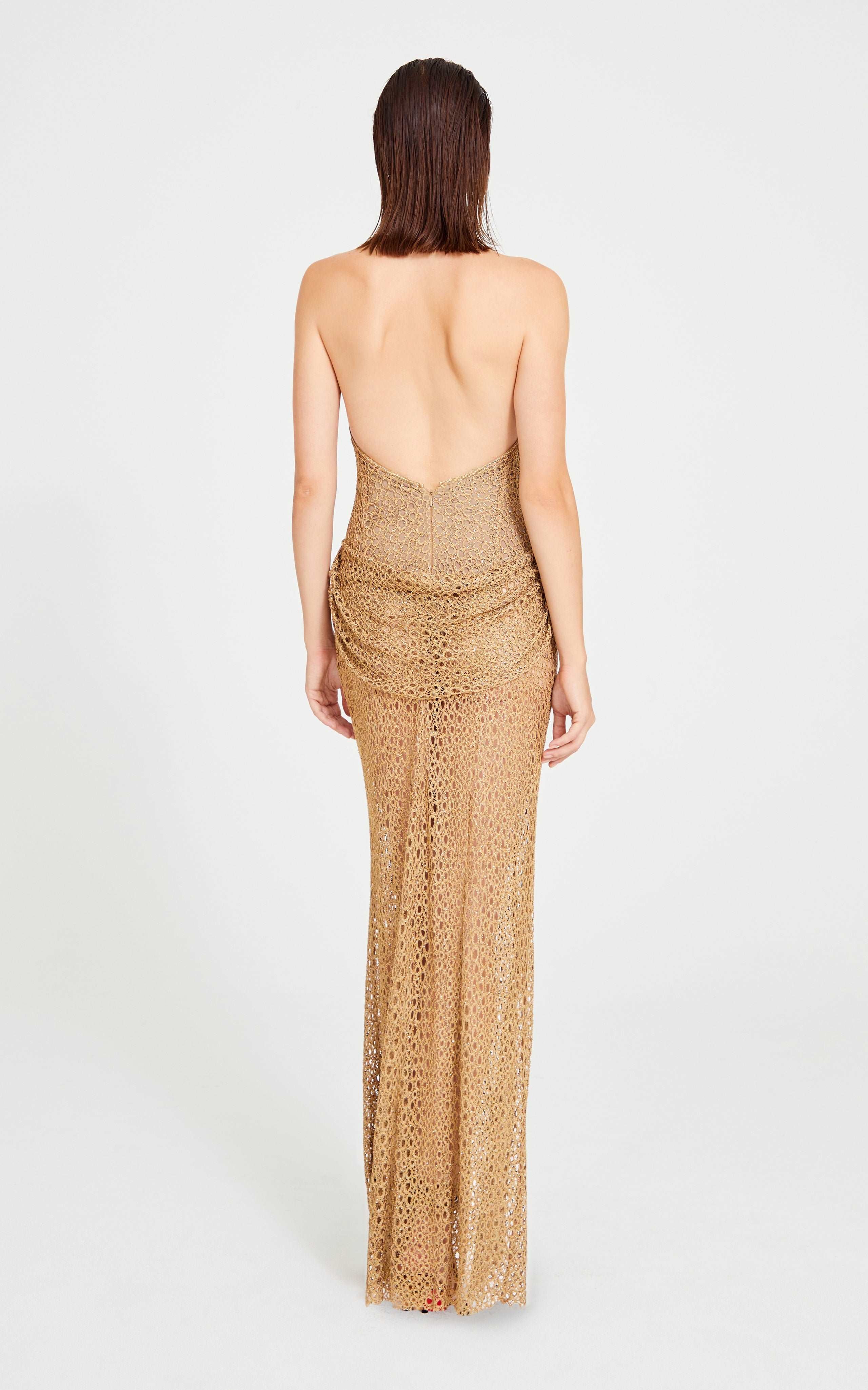 Beige Lace Crochet Halter Neck Maxi Dress with Embroidery Details