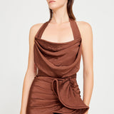 Brown Halter Neck Maxi Dress With Drape And High Slit Details